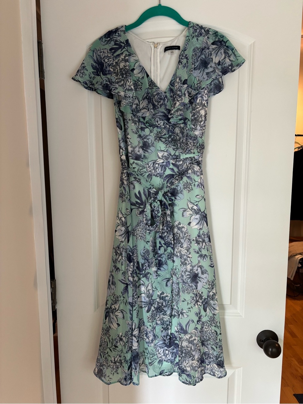 Tommy Hilfiger Mint Green and Blue Floral Wrap Midi Dress